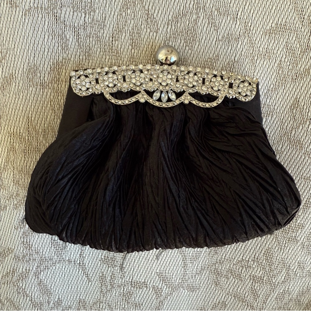 Charming Charlie Chic Black Evening Chunky Clutch Rhinestone Silver Accents EUC